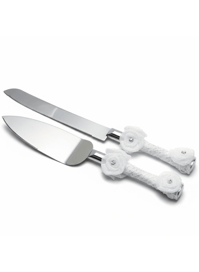 AKDC Wedding Cake Knife & Spatula Server Set – Stainless Steel, White Handle - Image 1